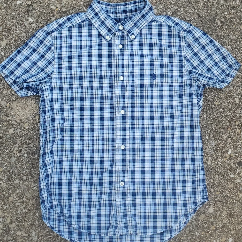 Ralph Lauren Button Front Plaid Boys Top Youth 7 Blues White